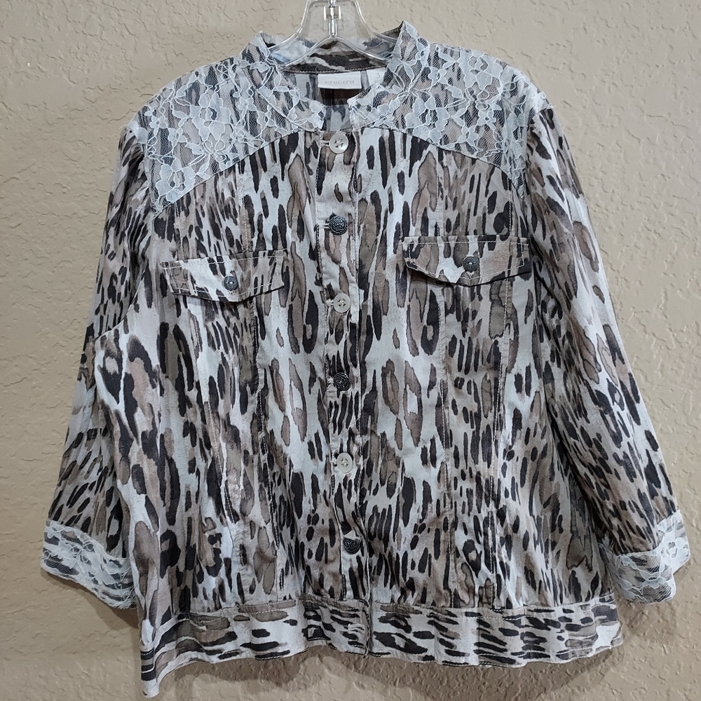 Chico's Leopard Lace Jacket Size 3 & Taupe High Low Pleated Skirt Size 2